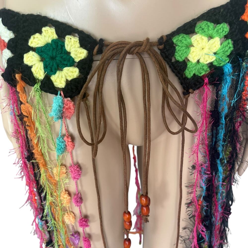 Upcycled Crochet Granny Square Floral Festival Set Fringe Ibiza Boho S/M Multi - Picture 7 of 10